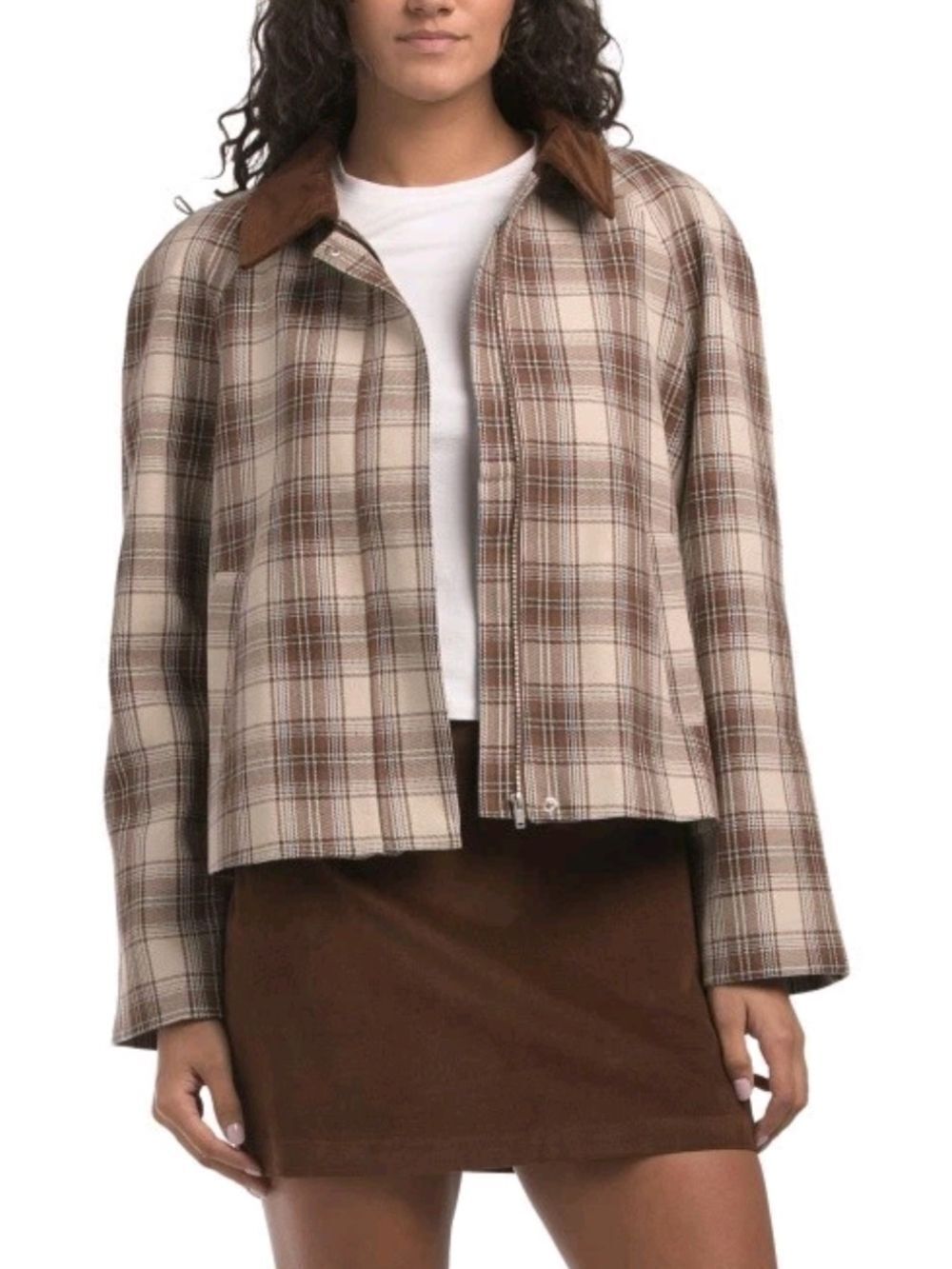 Christian Lacroix Women Plaid Brown Cream Cotton Faux Suede Collar Jacket Size 8